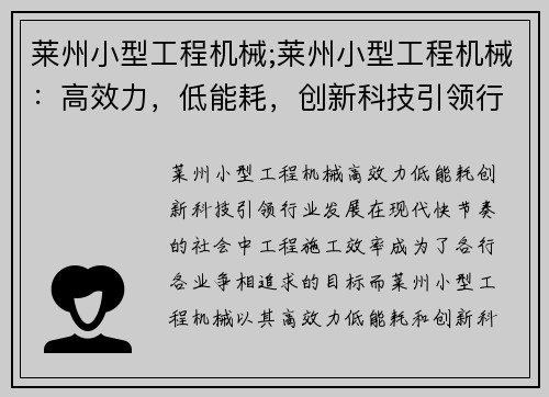 莱州小型工程机械;莱州小型工程机械：高效力，低能耗，创新科技引领行业发展