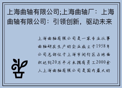 上海曲轴有限公司;上海曲轴厂：上海曲轴有限公司：引领创新，驱动未来